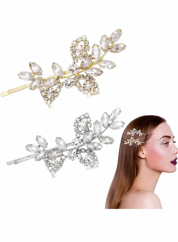 Rhinestone Hair Clips, 2 Pcs Hair Barrette Rhinestone Crystal Leaf Hair Accessories