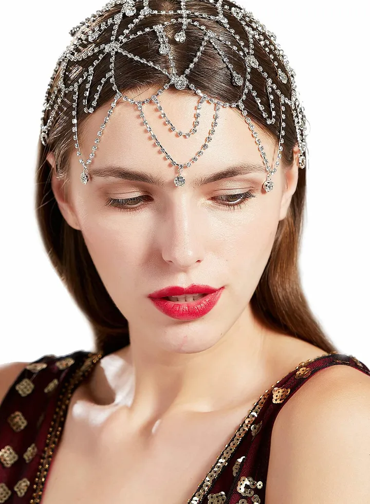 Flapper Headband Rhinestone Elastic 20s Bridal Headpiece Great Gatsby Accessory with Rhinestones Chain for 1920s Themed Wedding Costume
