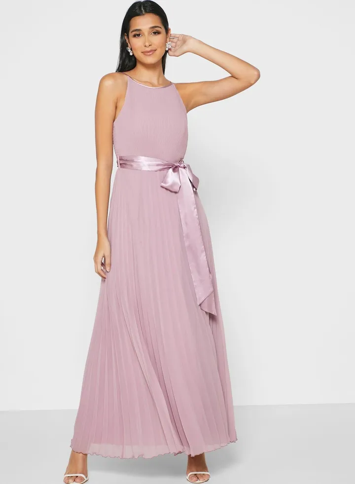 Tie-Up Waist Pleated Maxi Dress Mauve