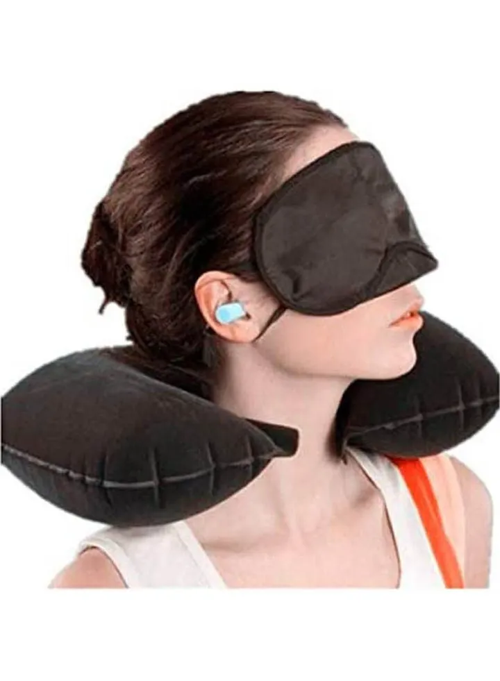 Travel Pillow, Inflatable Travel And Neck Pillow For Head And Neck, Washable Portable Air Travel Set With Ear Plugs, Eye Mask Black