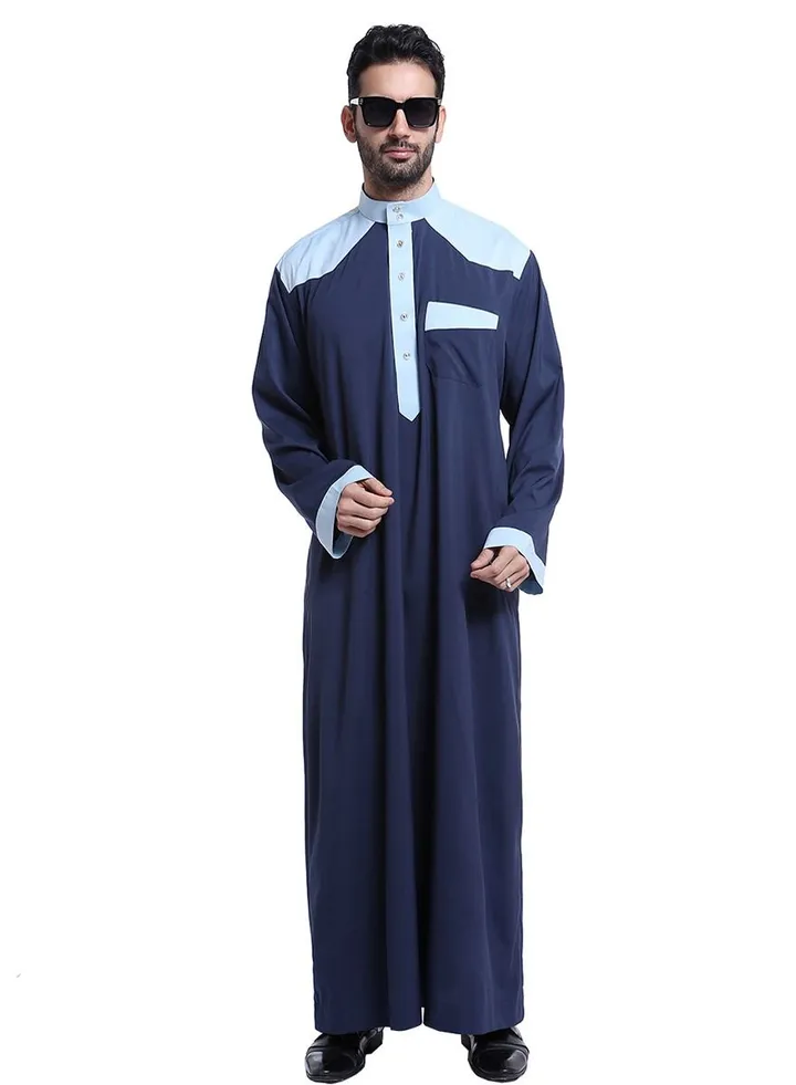 Men's Stand Collar Long Sleeve Casual Kandora Islamic Arabic Kaftan Thobe Navy Blue