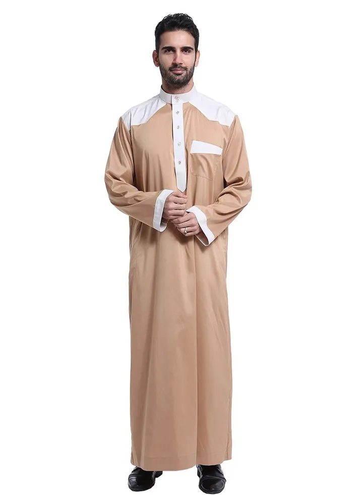 Men's Stand Collar Long Sleeve Casual Kandora Islamic Arabic Kaftan Thobe Camel/White