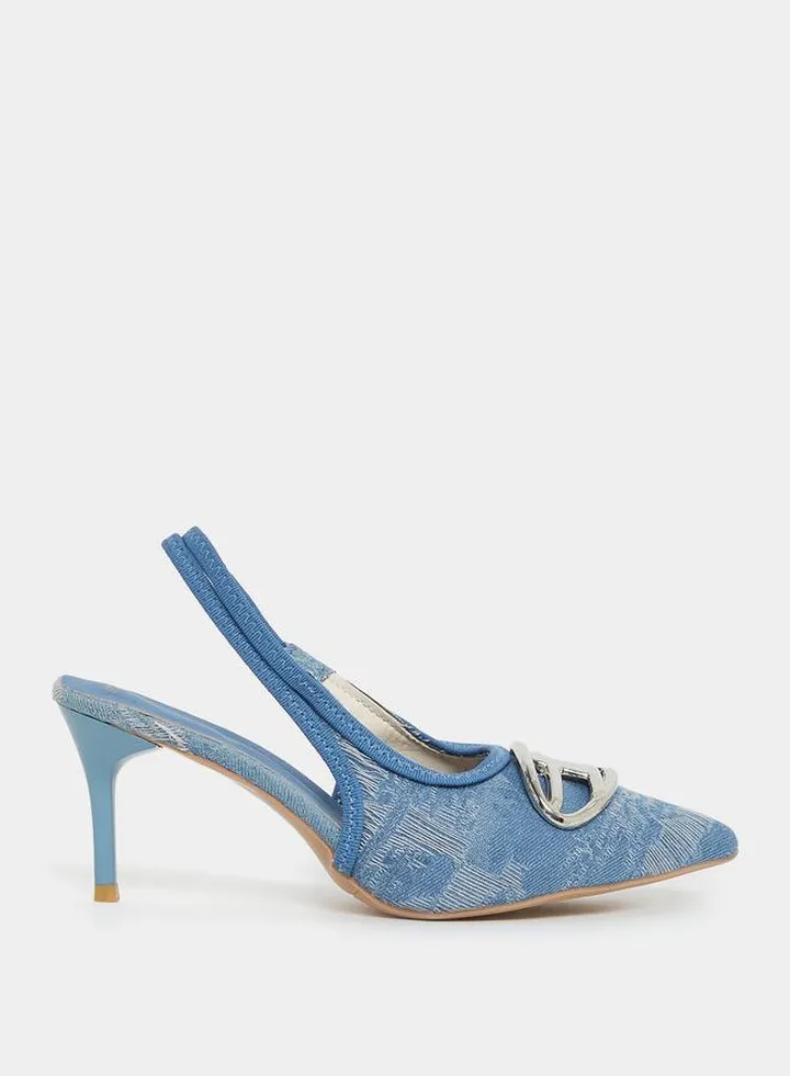 Metal Accent Denim Slingback Heel Pump