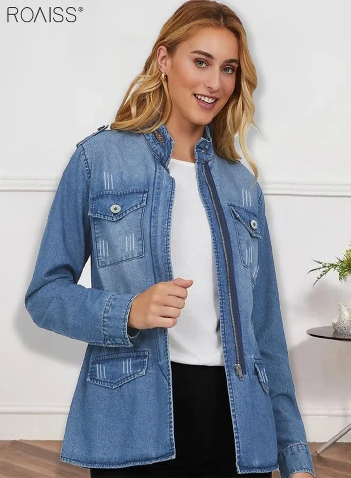 Women's Fashion Denim Coat Classic Stand Collar Long Sleeve Jacket With Waist Closing Design Zipper Closure Casual Denim Jacket