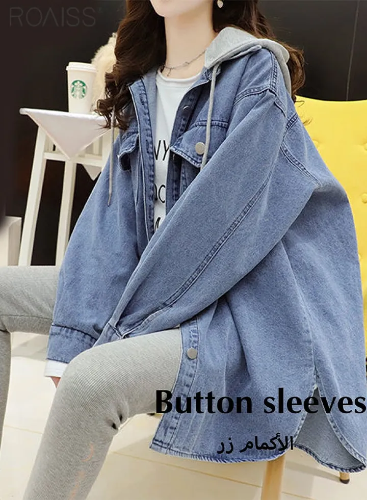Women's Fashion Hooded Jean Jacket Casual Loose Button Open And Close Coat Detachable Hat Windproof Top