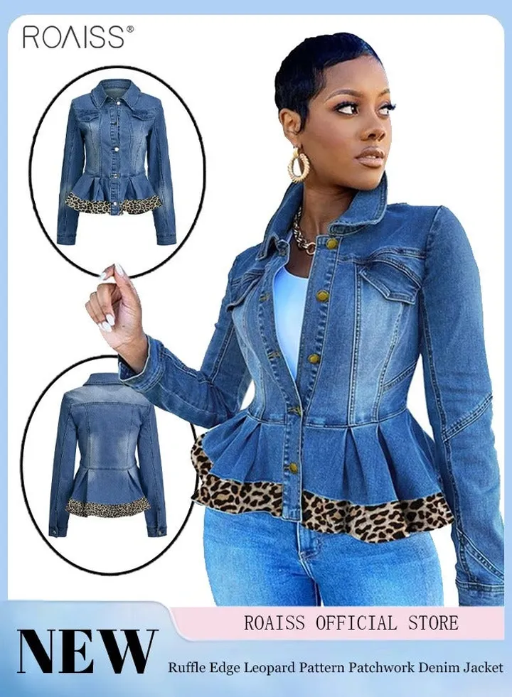 Women's Fashion Ruffle Hem Leopard Print Denim Patchwork Long Sleeved Lapel Denim Short Jacket