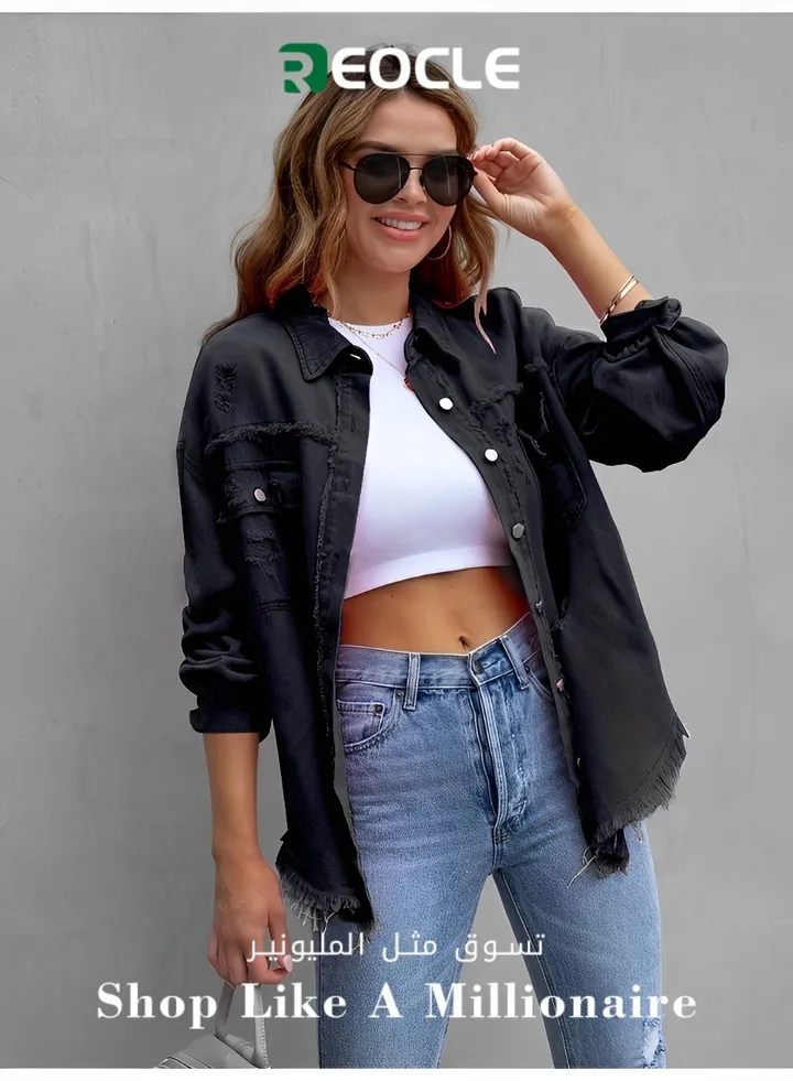 New Mid-length Raw Edge Ripped Denim Jacket for Women Long-sleeved Casual Lapel Top Jacket for Women