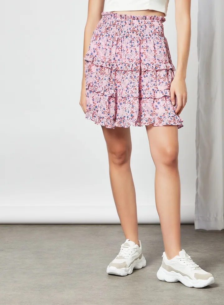 Floral Print Mini Skirt Pink