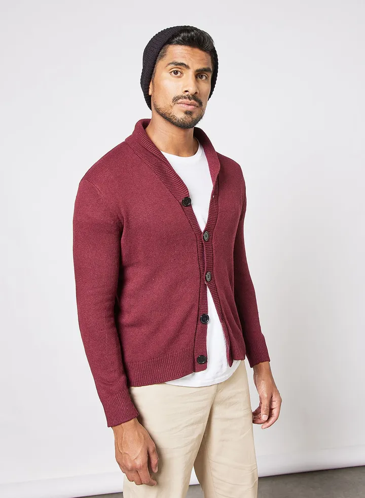 Men's Knitted Solid Button Detailed Wide Collar Full Sleeves Cardigans For Winters Maroon
