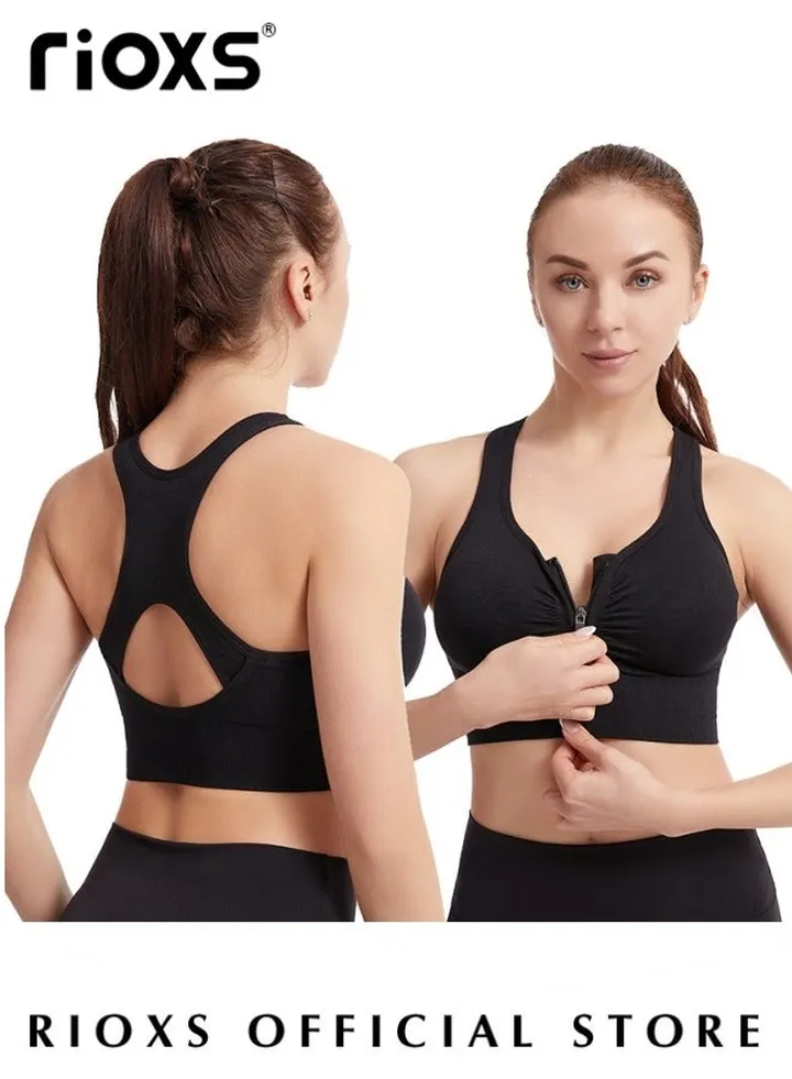 Women's Yoga Fitness Bra Front Zipper Adjustable Sports Vest Back Cutout No Steel Ring Bra