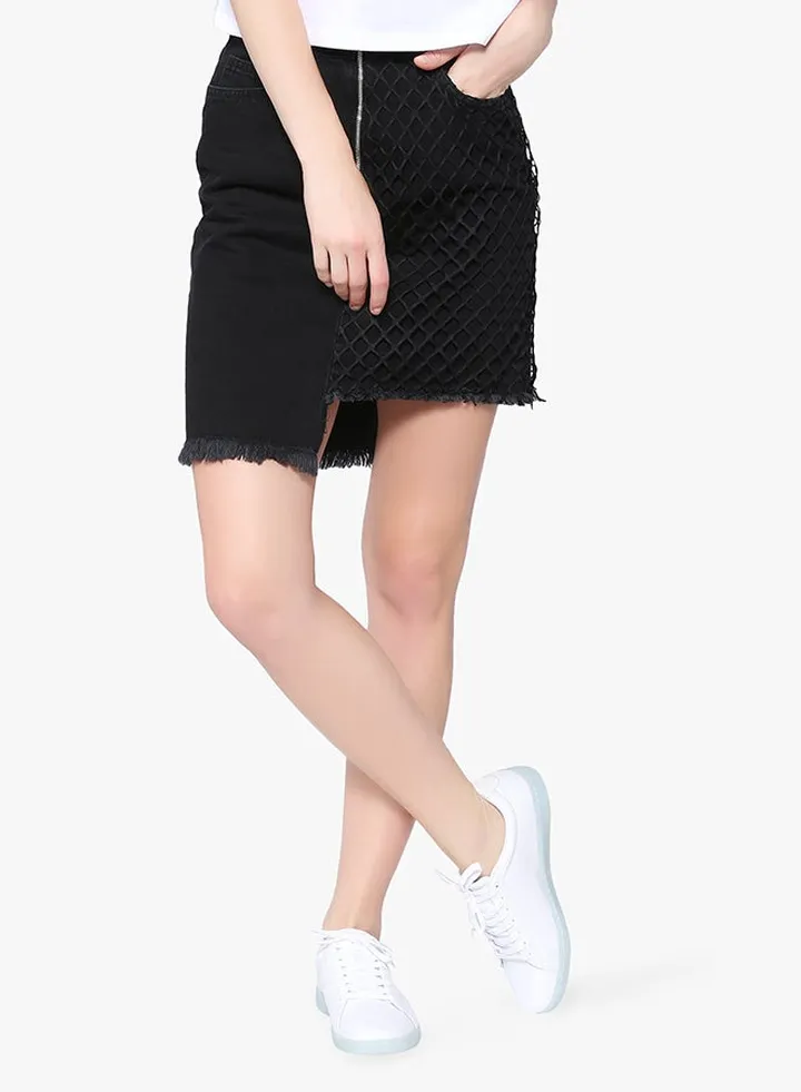 Mesh Detail Denim Skirt Black