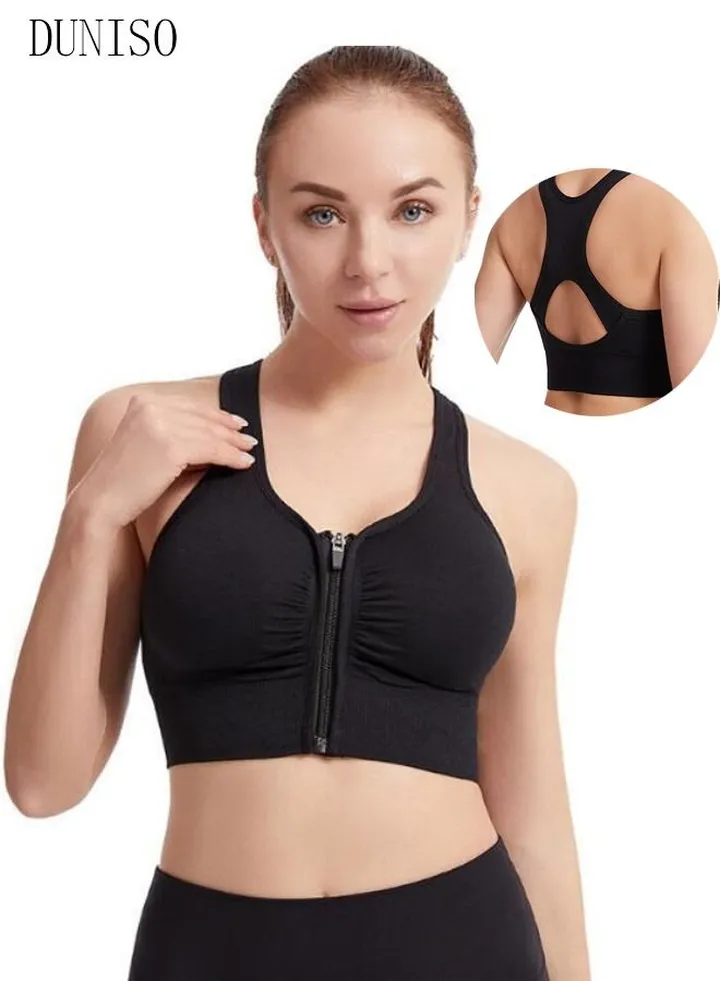Women's Zip Front Sports Bra Active Yoga Girl Sports Bras Wirefree Lightweight Comfort Bra with Adjustable Strap for Yoga Running L