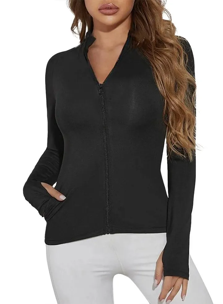 Sport Jacket - Long Sleeve Top Full Zipper T-shirt With Side Pockets And Thumb Hole For Women