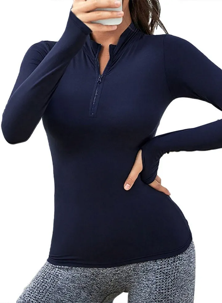 Half Zipper Sport Top Long Sleeves - Navy