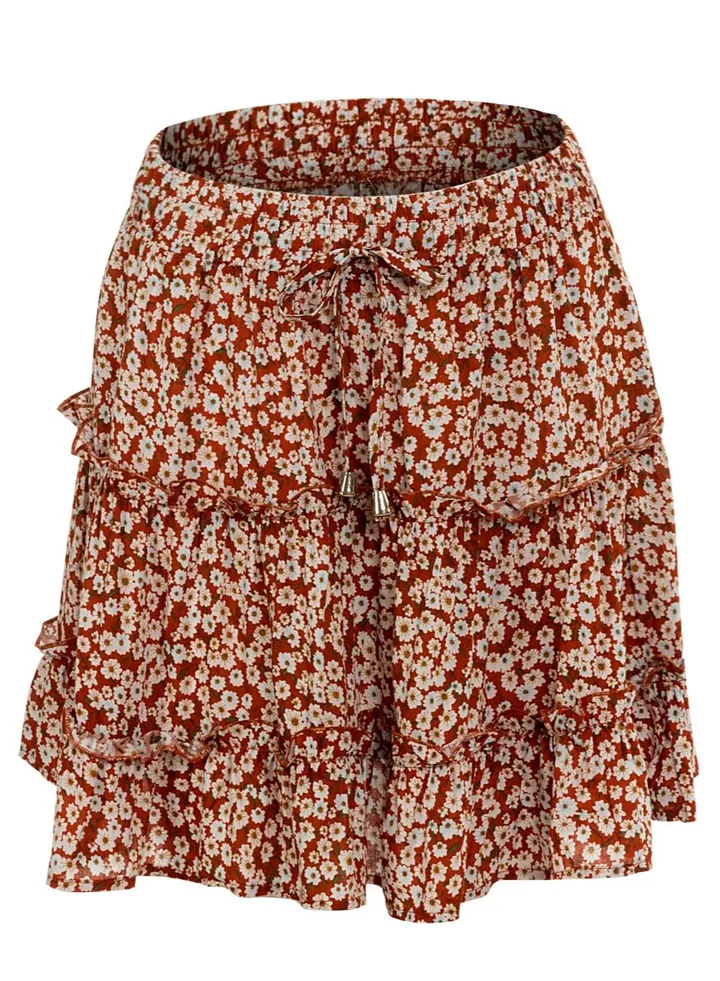Women's Summer Boho Floral Print Mini Skirt High Waist Drawstring Tiered Skirts Jujube Red
