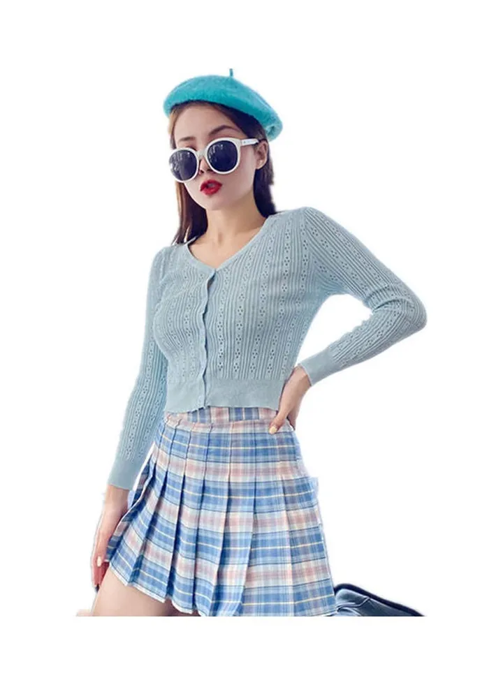 High Waist Pleated Skater Skirt Blue