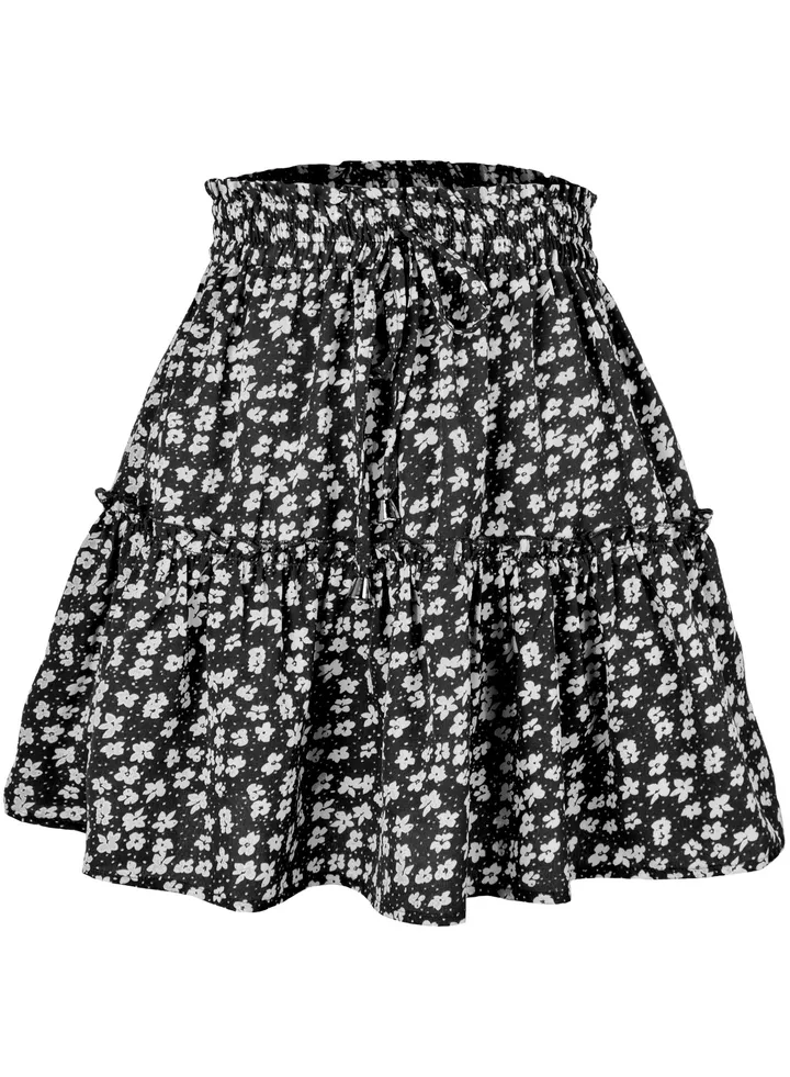 Women's Summer Cute High Waist Ruffle Skirt Floral Print Swing Beach Mini Skirt Black/White