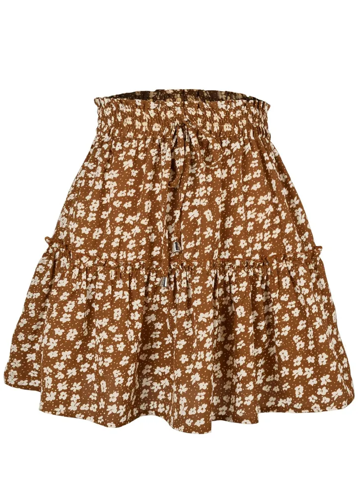 Women's Summer Cute High Waist Ruffle Skirt Floral Print Swing Beach Mini Skirt Khaki/White