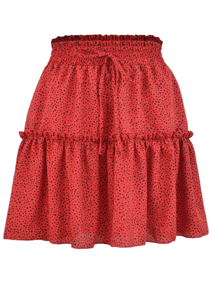 Women's Summer Cute High Waist Ruffle Skirt Polka Dot Print Swing Beach Mini Skirt Red/Black