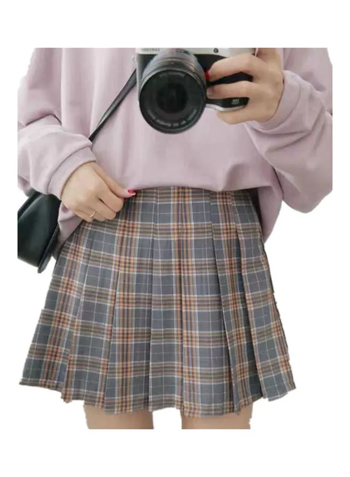 High Waist Pleated Skater Skirt Grey