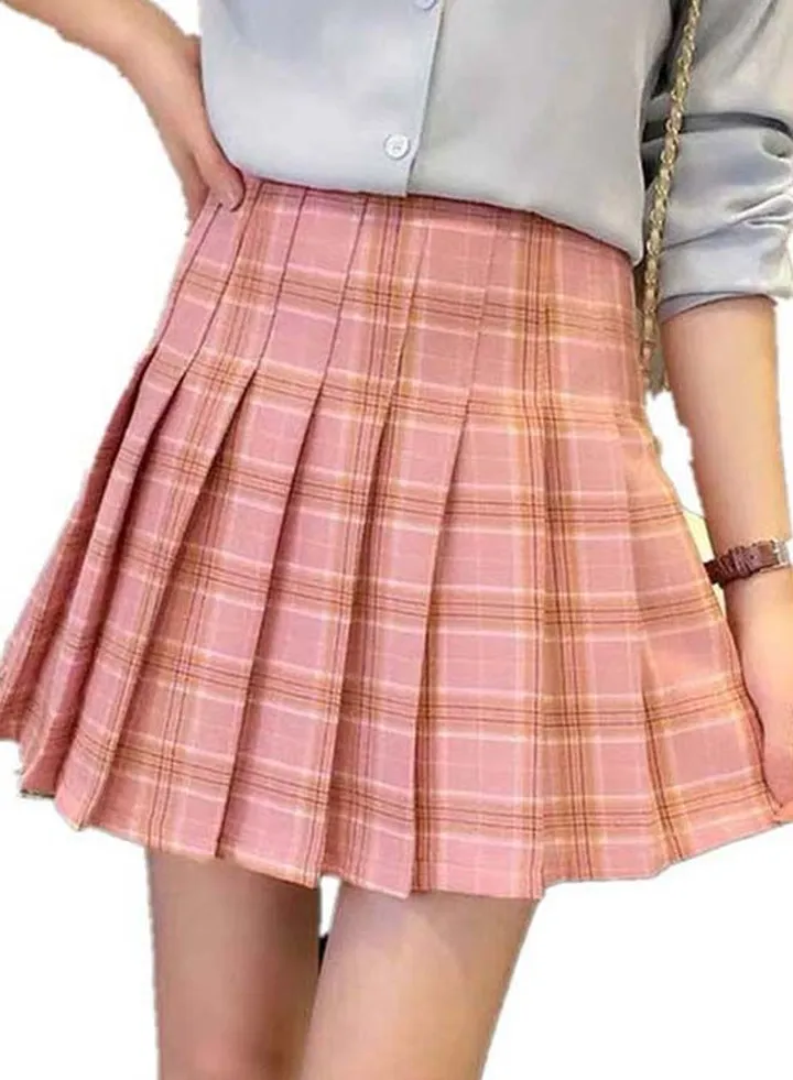 High Waist Pleated Skater Skirt Pink