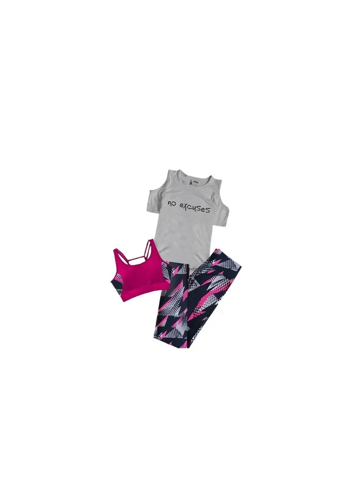Women's sport set consisting of a gray T-shirt and decorated black pants