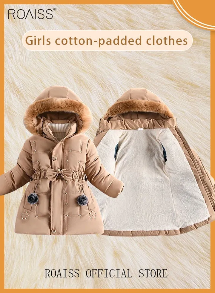 Girls Hooded Down Coat with Detachable Fur Collar Teens Kids Puffer Jacket Parka Winter Outerwear Thickened Zip Up Overcoat Cotton Padded Clothes Khaki