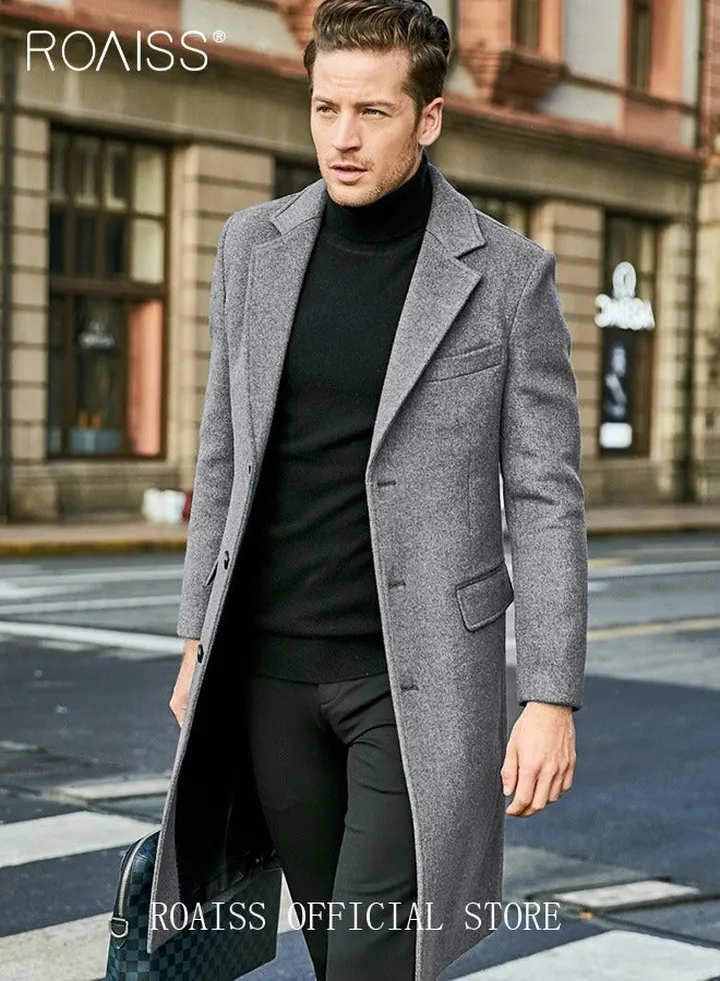 Men's French Coats Single Breasted Trench Coat Slim Fit Notched Collar Thermal Warm Oversized Business Formal Trench Coats Casual Windbreaker Jacket Office Outwear Tops