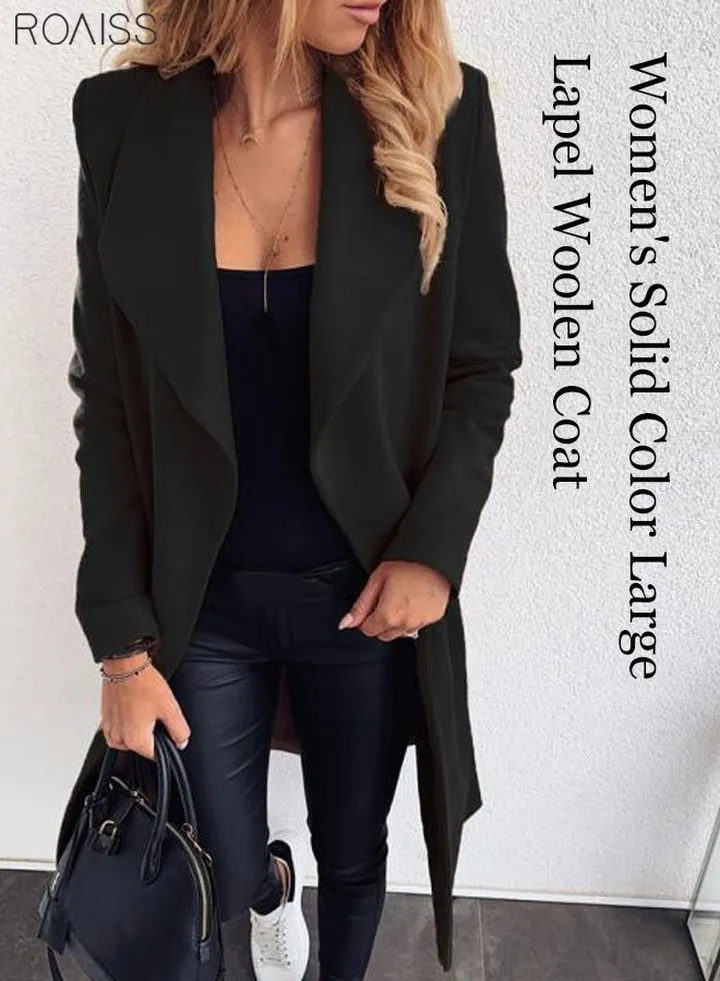 Women's Fashionable Woolen Coat Autumn And Winter Thin Lapel Coat Classic V-Neck Long Sleeve Waist Tie Holiday Coat
