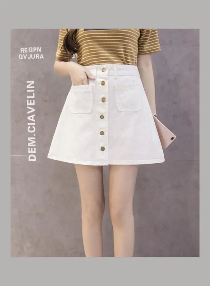 Women High Waist Denim Skirt White