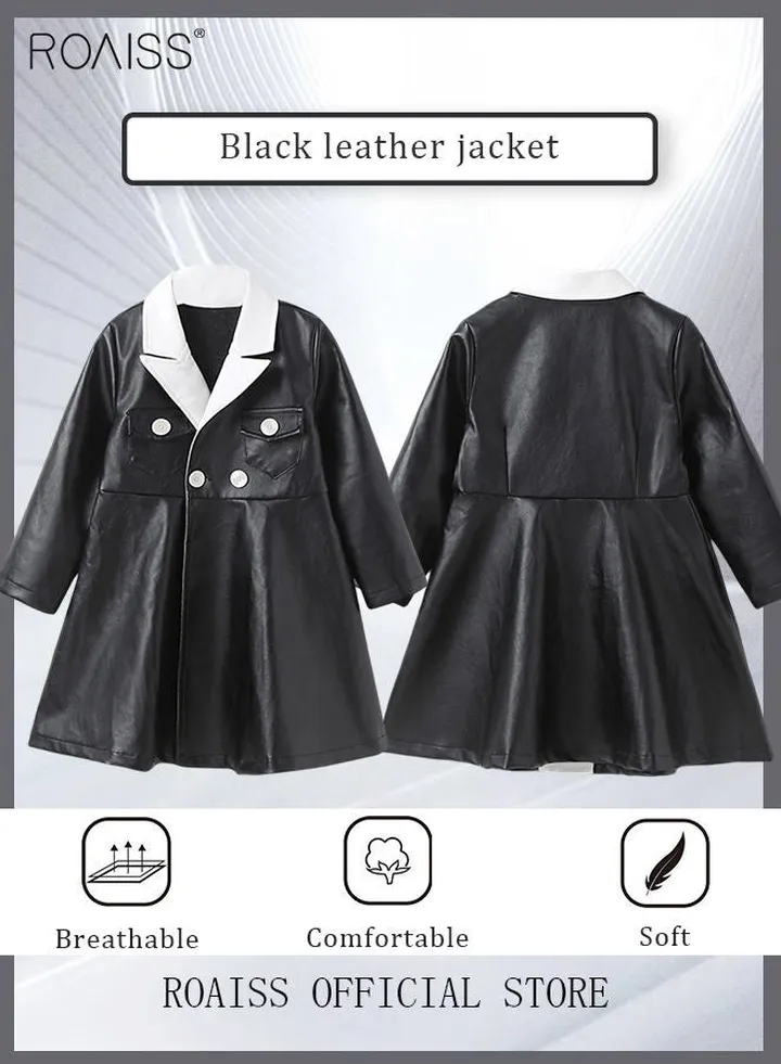 Girls Leather Jacket Double Breasted Dress Coat Winter Warmth Overcoat Kids Cute Long Sleeved PU leather Dress Children's Stylish Fall Outfit Black
