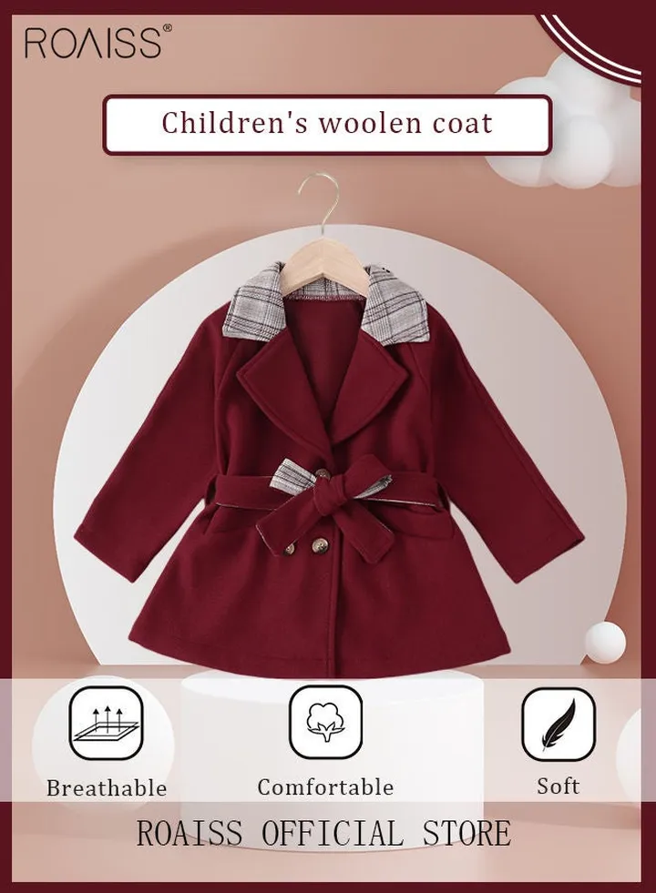 Girls Woolen Overcoats with Waist Belt and Cap Trench Coat Toddler Kids Long Sleeve Windbreaker Peacoat Outerwear Teens Stylish Fall Winter Warmth Outfit Wine Red