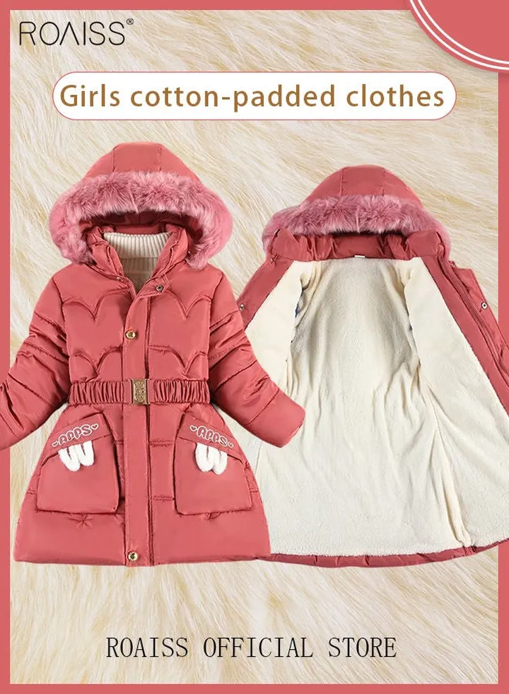Girls Hooded Down Coat with Detachable Fur Collar Teens Kids Puffer Jacket Parka Winter Outerwear Thickened Zip Up Overcoat Cotton Padded Clothes Red