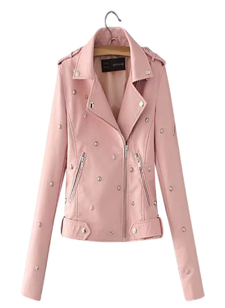 Womens Casual Solid Color Lapel Zipper Long Sleeve Leather Jacket Coat