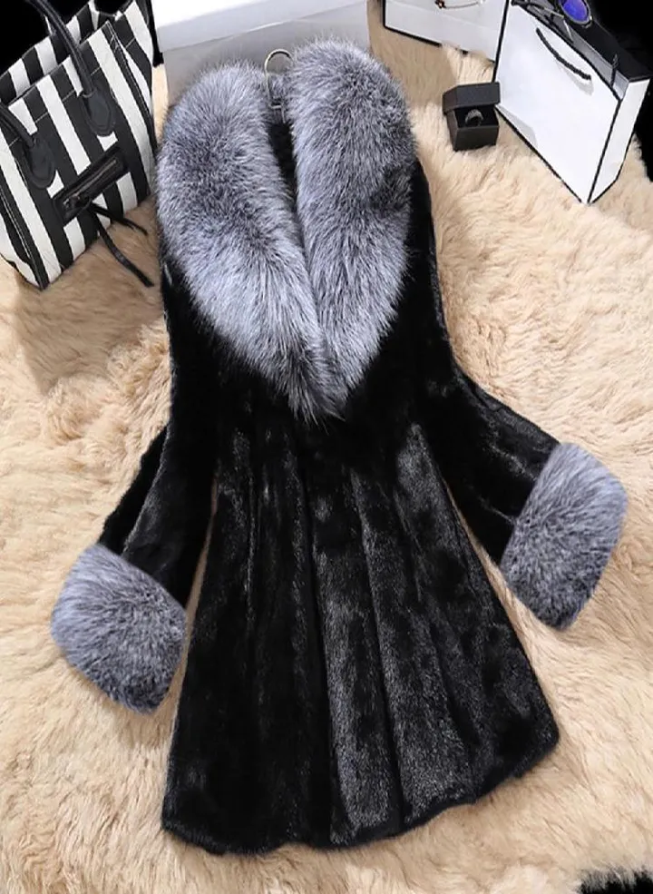 Women Long Section Of Imitation Mink Fox Coat With Cap Fur Coat
