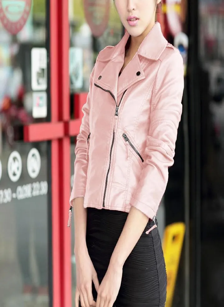 Women Zipper Solid Long Sleeve Leather Jacket Coat Outwear