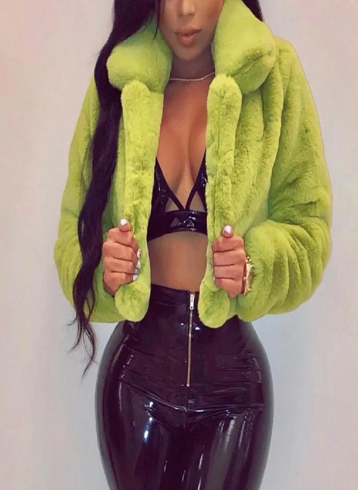 Fy Fashion Women Coat Fluffy Fleece Turn-down Collar Faux Fur Top Short Loose