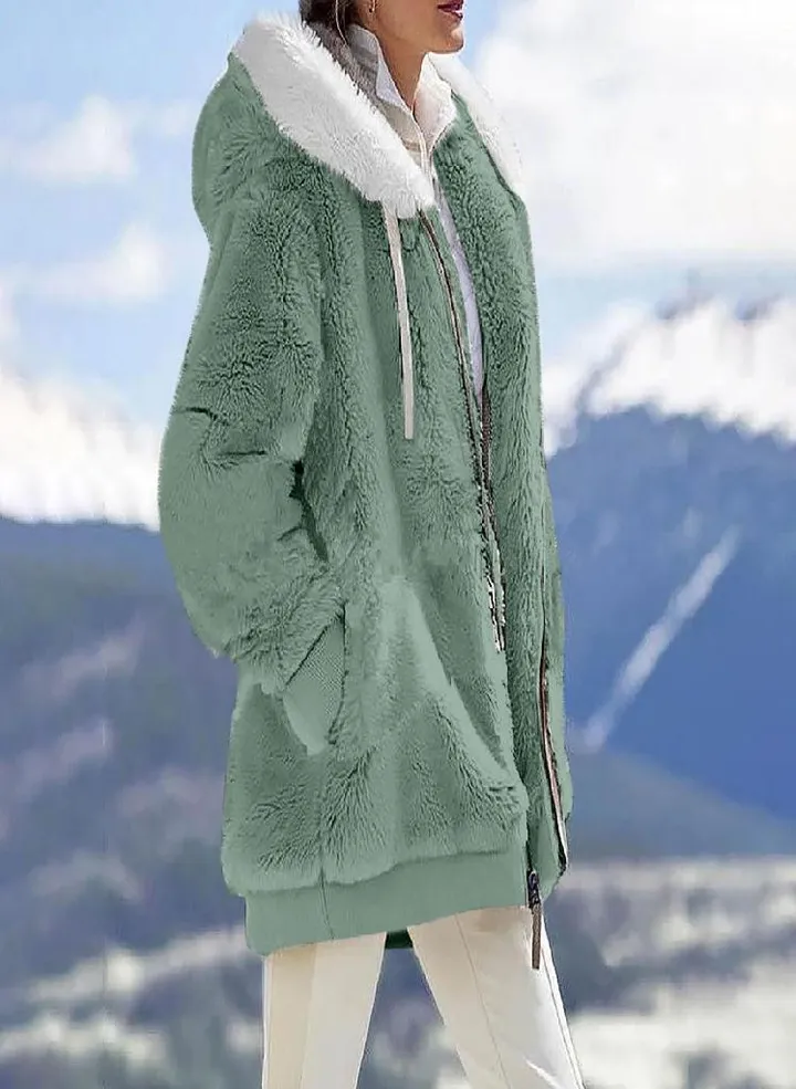 Womens Fashion Soild Winter Loose Plush Long Sleeve Zipper Pocket Hooded Coat