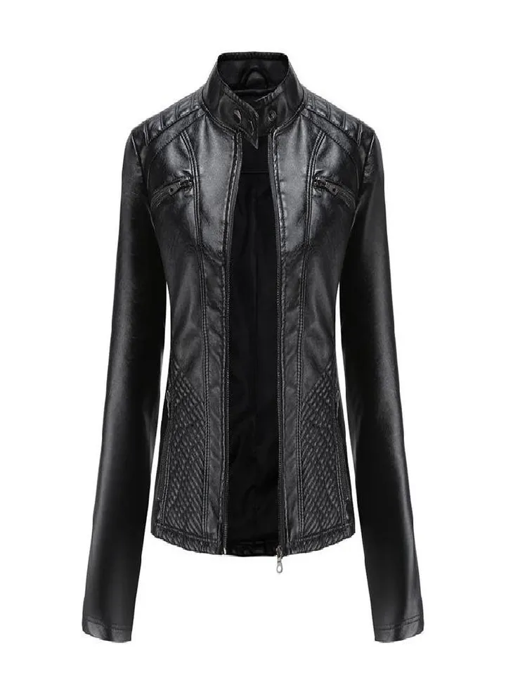 Spring and Autumn Women's Fashion Leisure Stand Collar Leather Jacket European and American Slim Fit Solid Color Jacket