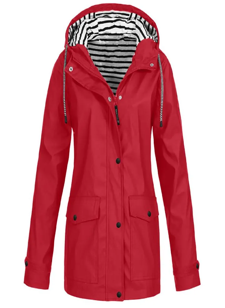Women Solid Rain Outdoor Plus Waterproof Hooded Raincoat Windproof Jacket Coat