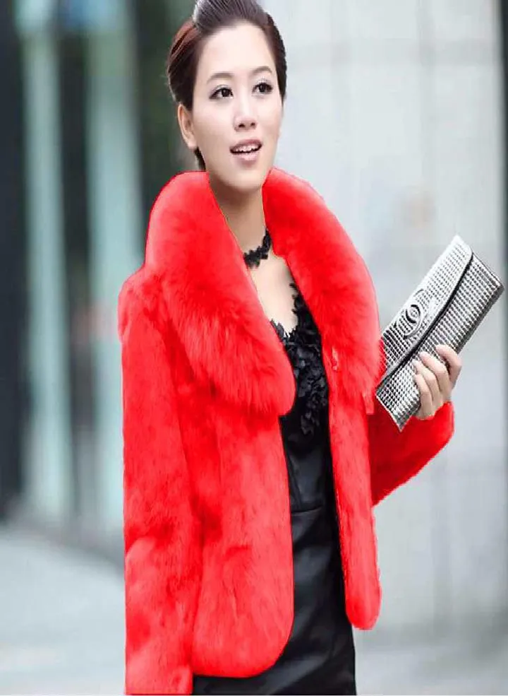 Faux Rabbit Hair Coat Women's Warm Outerwear Autumn Winter Short Faux Fox Fur Collar Coat Jacket Plus Size Overcoat