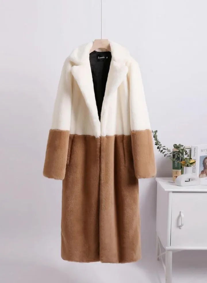 Women Contrast Color Mink Faux Fur Coat Turn Down Collar Winter Fur Lady Long Coat