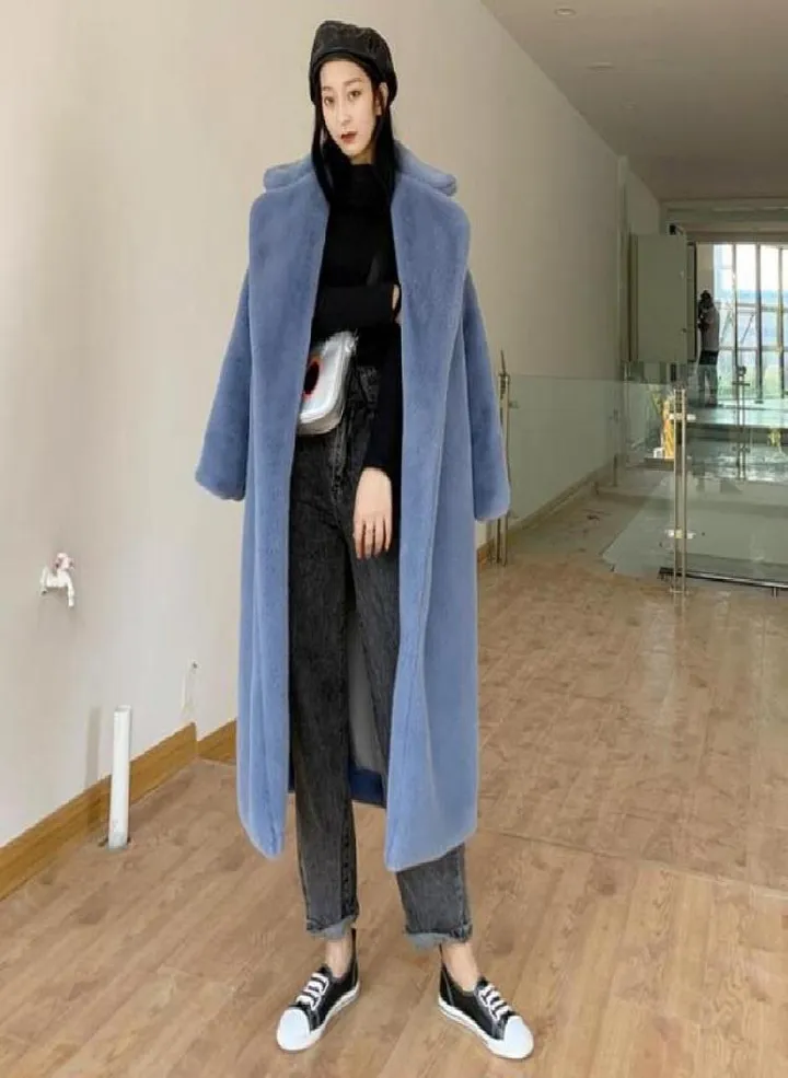 Women Contrast Color Mink Faux Fur Coat Turn Down Collar Winter Fur Lady Long Coat