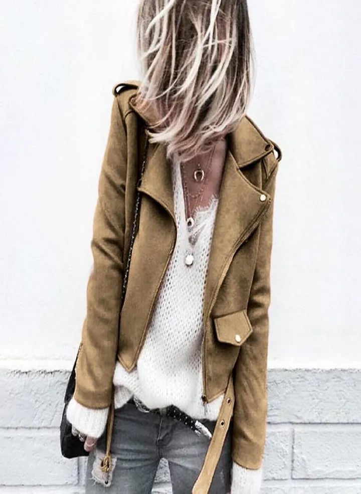 Women's Casual Autumn Faux Suede Slim Zippers Coat Short Cool Motorcycle Jacket