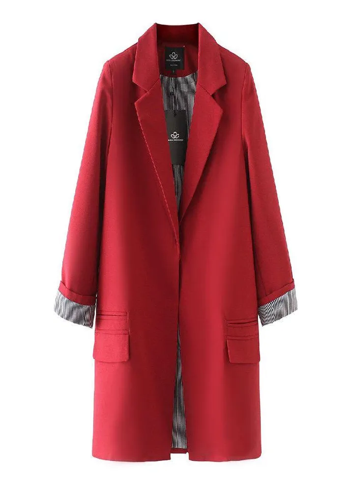 Spring Autumn Women Plus Size Long Jacket Double Pockets Long Jacket Coat Outwears Woman Fashion Blazer