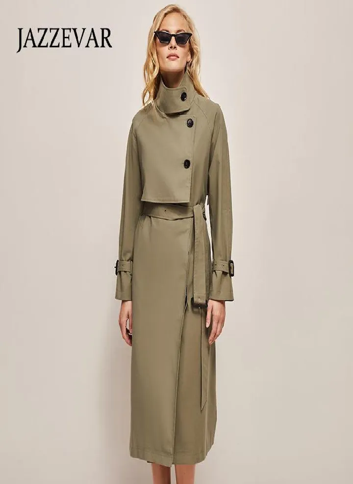 JAZZEVAR Casual Lapel Korean Style Windproof Loose Waistband Temperament Trench Coat