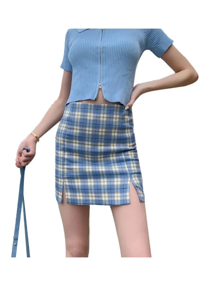Plaid Mini Skirt Sky Blue
