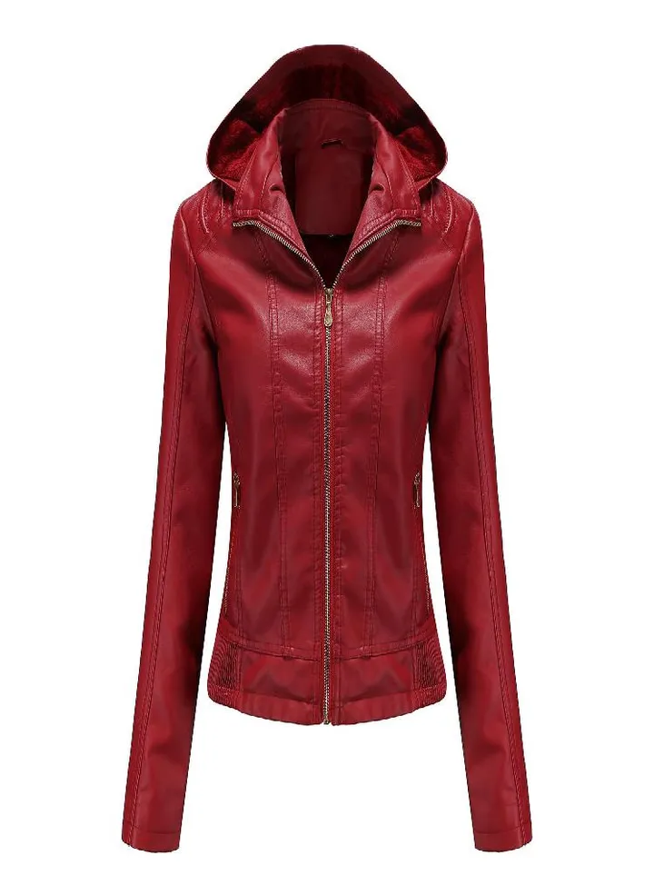Hooded Leather Jacket Women 'S Zipper Long Sleeve Fleece Leather Jacket European Size Slim Coat