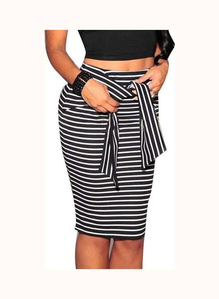 Fashion Summer Striped Front Tie Women Bodycon Pencil Skirt Black/White