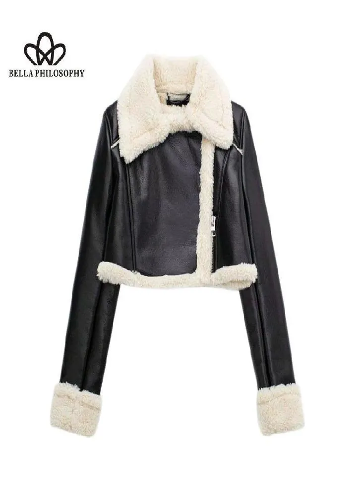 Retro High Waist Short Leather Jacket Top for Women's Winter New Plush and Thickened Little Girl Long Sleeve Coat